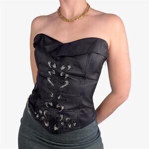 Italian vintage black beaded corset strapless 100% silk euro top - size small